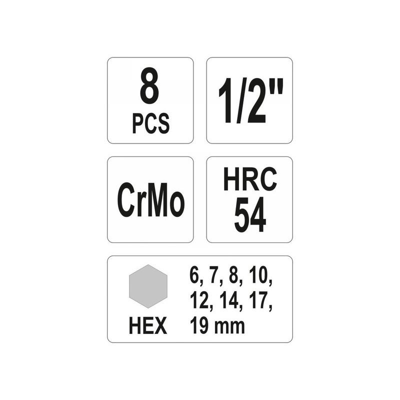 YATO YT‑1066 gépi hosszú bit dugókulcs készlet 1/2'' Impact Imbusz 6–19 mm, 8 részes