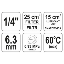 YATO Pneumatikus levegő szűrő nyomásszabályzóval kenőtartállyal 1/4'' 25 cm3 (YT-2384)