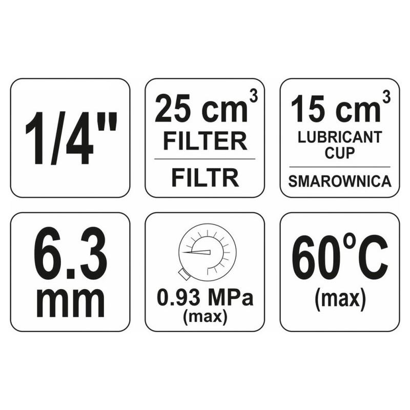 YATO Pneumatikus levegő szűrő nyomásszabályzóval kenőtartállyal 1/4'' 25 cm3 (YT-2384) YATO Pneumatikus levegő szűrő nyomásszabályzóval kenőtartállyal 1/4'' 25 cm3 (YT-2384)