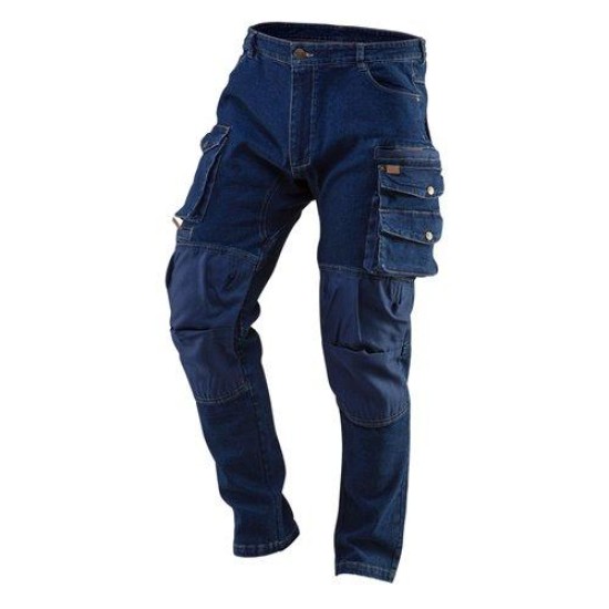 Munkanadrág, farmer, DENIM, 98% pamut, térdvédő betét zsebbel, gombos oldalzsebekkel, 255 g/m2, L (81-228-L)