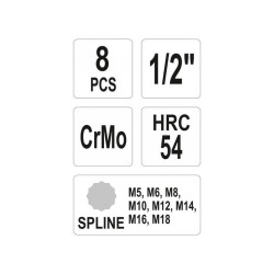 YATO Gépi hosszú bit dugókulcs készlet 8 részes Spline 1/2' M5-M18 CrMo (YT-1069)