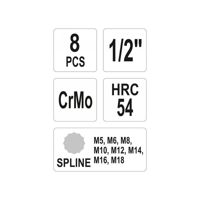 YATO Gépi hosszú bit dugókulcs készlet 8 részes Spline 1/2' M5-M18 CrMo (YT-1069)