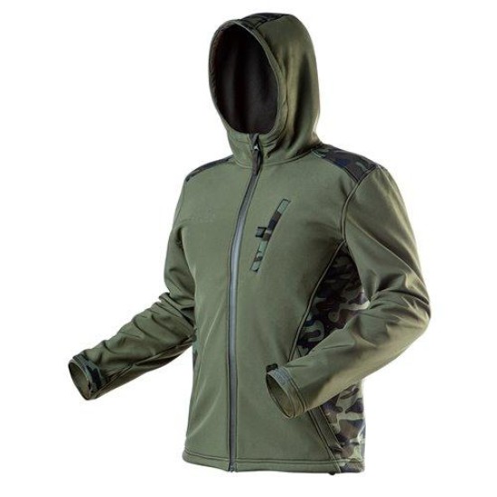 Munkadzseki, softshell, víz- és szélálló kapucnis, terepmintás, CAMO, vízáll.:5000mm, légáter.:3000g/m2/24h, XXL (81-553-XXL)