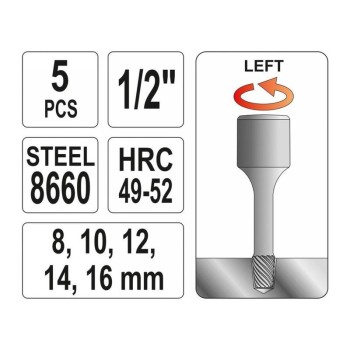 YATO Törtcsavar kiszedő készlet 5 részes 1/2' (YT-0624) YATO Törtcsavar kiszedő készlet 5 részes 1/2' (YT-0624)