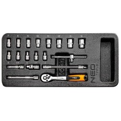 Dugókulcskészlet 1/4'', 19db, 4-14mm, műhelykocsitálcával (84-237)