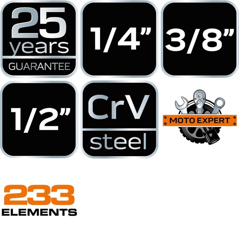 Dugókulcskészlet + szerszámkészlet 1/4'', 3/8'', 1/2'', 233db (10-078) Dugókulcskészlet + szerszámkészlet 1/4'', 3/8'', 1/2'', 233db (10-078)