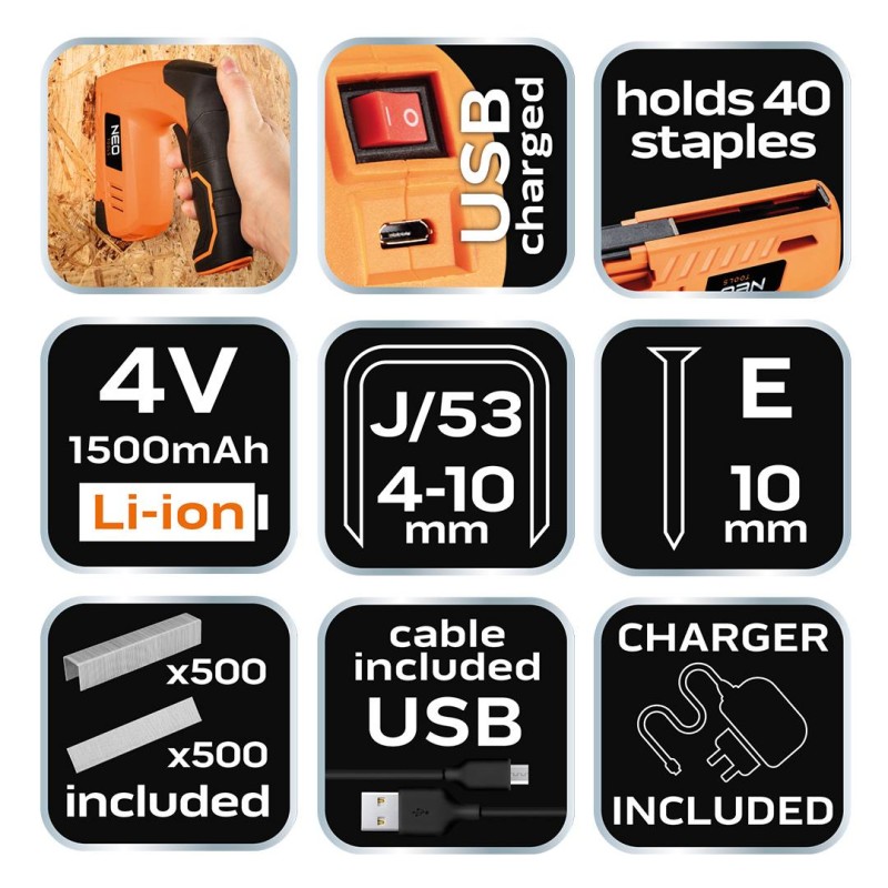 Akkus tűzőgép 4V, USB töltő, J/53 (16-050) Akkus tűzőgép 4V, USB töltő, J/53 (16-050)