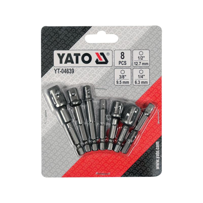YATO Dugókulcs adapter készlet 8 részes 1/4' Hex - 1/4', 3/8', 1/2' négyszög CrV (YT-04639)