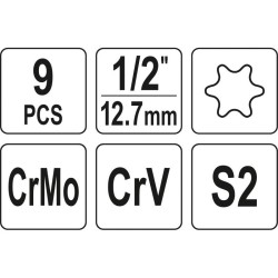 YATO Gépi torx bit készlet 9 részes 1/2' T30-T70 dugókulcs adapterrel (YT-10664) YATO Gépi torx bit készlet 9 részes 1/2' T30-T70 dugókulcs adapterrel (YT-10664)