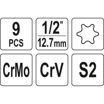 YATO Gépi torx bit készlet 9 részes 1/2' T30-T70 dugókulcs adapterrel (YT-10664)