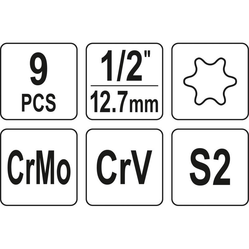YATO Gépi torx bit készlet 9 részes 1/2' T30-T70 dugókulcs adapterrel (YT-10664)