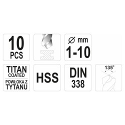 YATO Csigafúró készlet 10 részes 1-10 mm HSS-TiN (YT-44674) YATO Csigafúró készlet 10 részes 1-10 mm HSS-TiN (YT-44674)