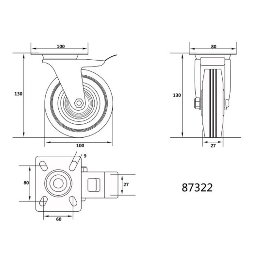 VOREL Ipari kerék forgóvillás fékkel 100 mm 60 kg (87322)