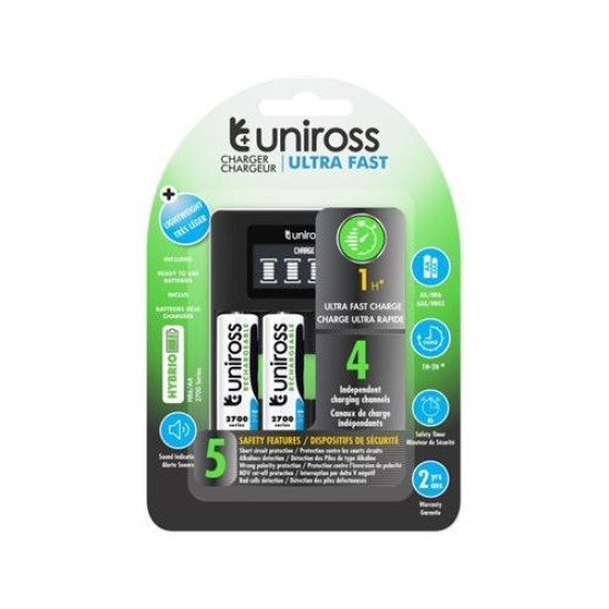 UNIROSS processzoros gyorstöltő + 4 db AA/ceruza akkumulátor 1,2 V 2700 mAh (UCU005A)