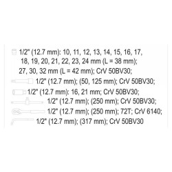 YATO Dugókulcs készlet 25 részes 1/2' 10-32 mm CrV (YT-12671) YATO Dugókulcs készlet 25 részes 1/2' 10-32 mm CrV (YT-12671)