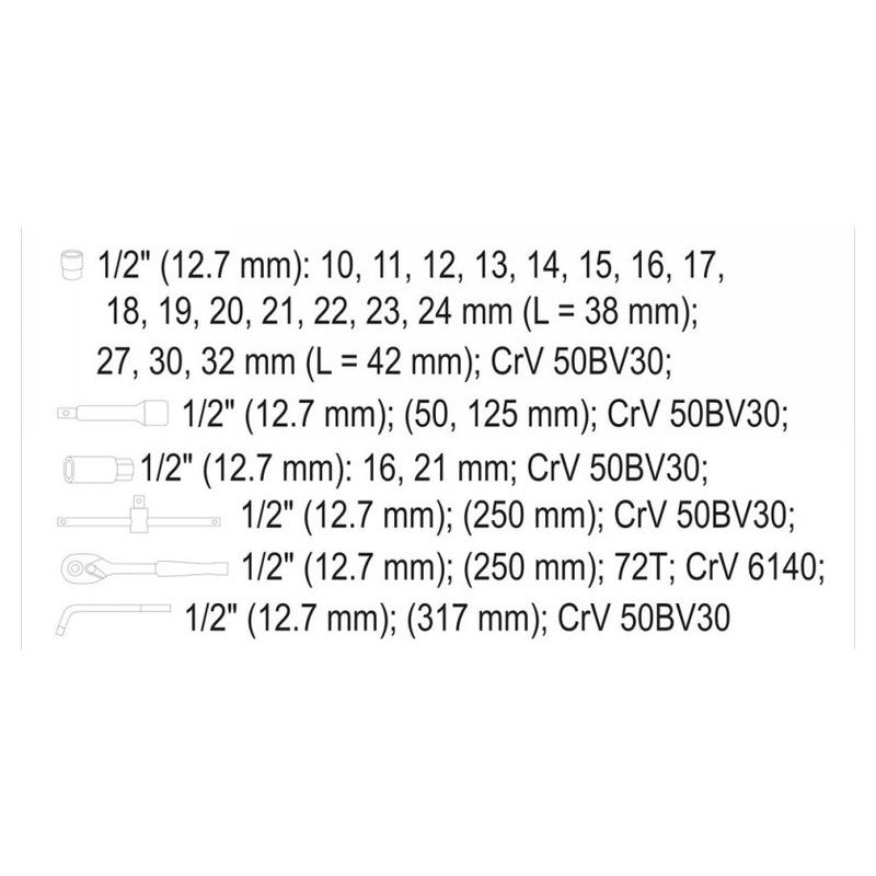 YATO Dugókulcs készlet 25 részes 1/2' 10-32 mm CrV (YT-12671) YATO Dugókulcs készlet 25 részes 1/2' 10-32 mm CrV (YT-12671)