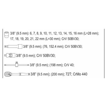 YATO Dugókulcs készlet 22 részes 3/8' 6-22 mm CrV (YT-38561)