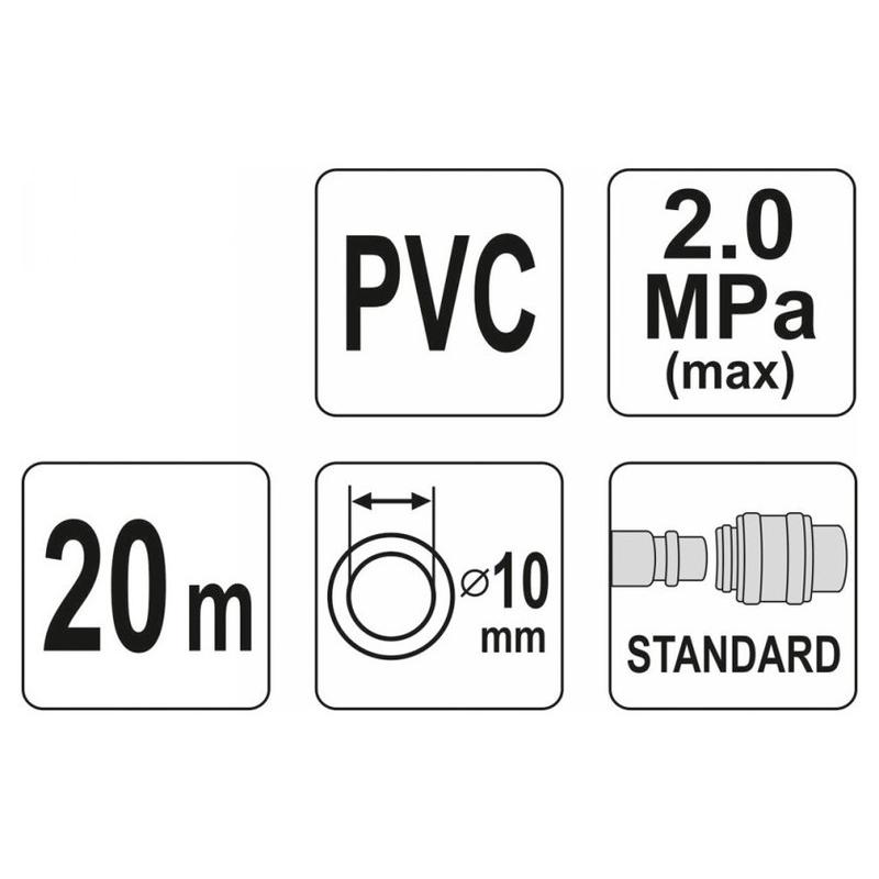 YATO YT-24225 pneumatikus tömlő gyorscsatlakozóval – 10 mm x 20 m, 2,0 MPa