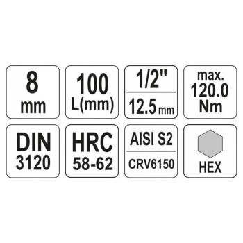 YATO Hosszú bit dugókulcs Imbusz 1/2' 8 mm CrV (YT-04394)