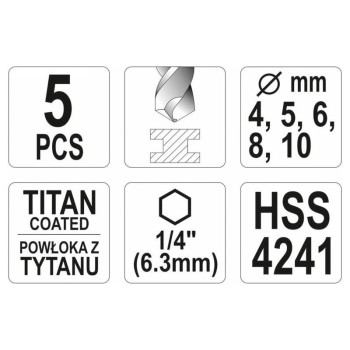 YATO Csigafúró készlet bit befogású 5 részes HSS Ti (YT-44700) YATO Csigafúró készlet bit befogású 5 részes HSS Ti (YT-44700)