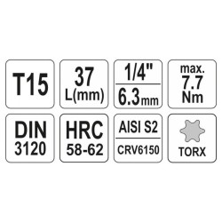 YATO Bit dugókulcs Torx 1/4' T15 CrV (YT-04303) YATO Bit dugókulcs Torx 1/4' T15 CrV (YT-04303)