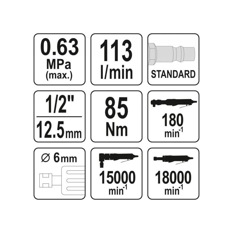 YATO Pneumatikus 3 az 1-ben készlet (racsnis kulcs, egyenes csiszoló, sarokcsiszoló) (YT-09860)