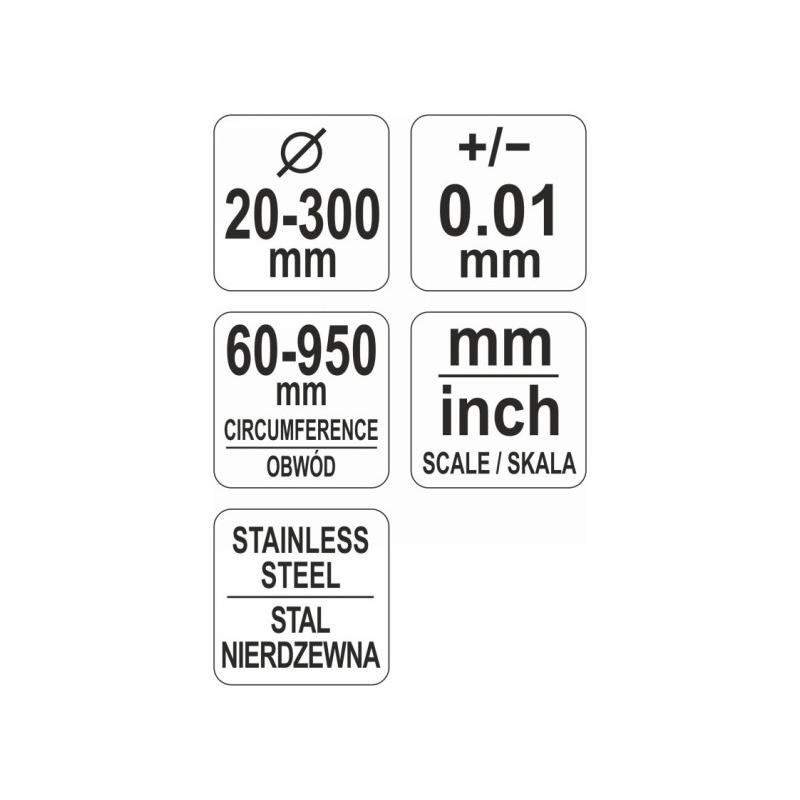 YATO Precíziós mérőszalag (+-0,01 mm), átmérő 30-300 mm, körméret 60-950 mm inox (YT-71700)