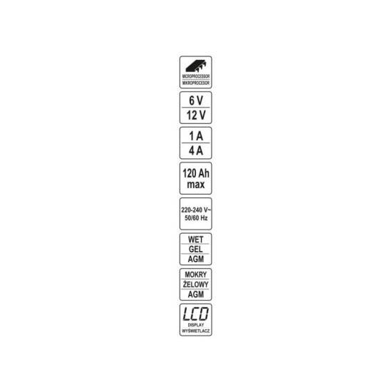 YATO Akkumulátor töltő 6/12 V 1/4 A max. 120 Ah LCD kijelző (YT-83033) YATO Akkumulátor töltő 6/12 V 1/4 A max. 120 Ah LCD kijelző (YT-83033)