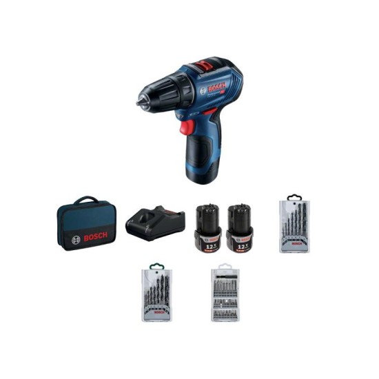 BOSCH Akkus fúrócsavarozó GSR 12V-30 táskában + tartozék készletek (2 x 2,0 Ah + gyorstöltő) (06019G9001)