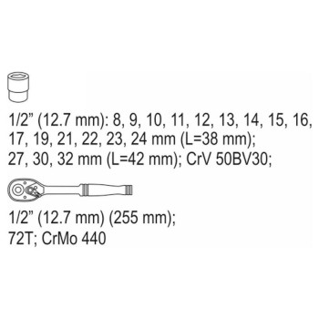 YATO Dugókulcs készlet 19 részes 1/2' 8-32 mm CrV (YT-38681)