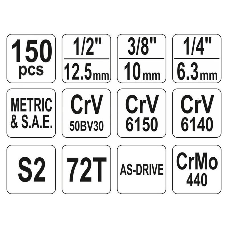 YATO Dugókulcs készlet 150 részes 1/4', 3/8', 1/2' CrV (YT-38811)