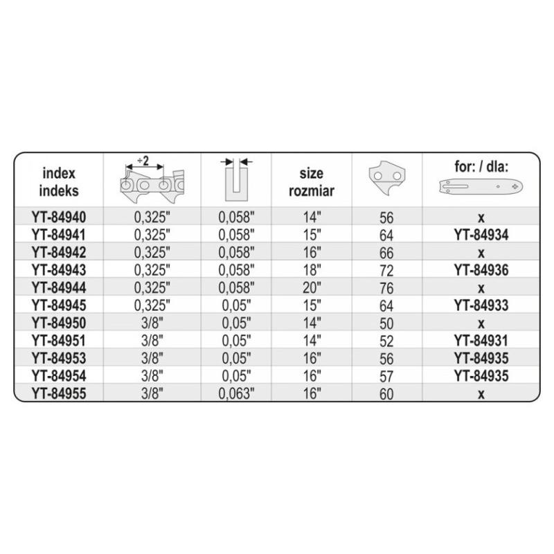 YATO Láncfűrész lánc 13' 0,325' 1,5 mm 56szem (YT-84940) YATO Láncfűrész lánc 13' 0,325' 1,5 mm 56szem (YT-84940)