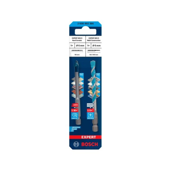 BOSCH EXPERT HEX-9 Hard Ceramic + Multiconstruction 6 mm 1/4' bitbefogással (2 db/cs) (2608902366)