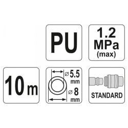YATO Pneumatikus tömlő (spirál) gyorscsatlakozóval 5,5 x 8 mm x 10 m 1,2 MPa (YT-24202) YATO Pneumatikus tömlő (spirál) gyorscsatlakozóval 5,5 x 8 mm x 10 m 1,2 MPa (YT-24202)