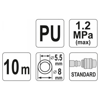 YATO Pneumatikus tömlő (spirál) gyorscsatlakozóval 5,5 x 8 mm x 10 m 1,2 MPa (YT-24202)