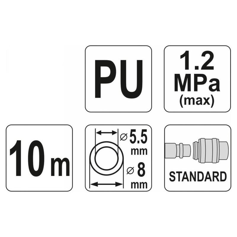 YATO Pneumatikus tömlő (spirál) gyorscsatlakozóval 5,5 x 8 mm x 10 m 1,2 MPa (YT-24202)