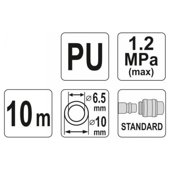 YATO Pneumatikus tömlő (spirál) gyorscsatlakozóval 6,5 x 10 mm x 10 m 1,2 MPa (YT-24205) YATO Pneumatikus tömlő (spirál) gyorscsatlakozóval 6,5 x 10 mm x 10 m 1,2 MPa (YT-24205)