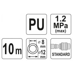 YATO Pneumatikus tömlő (spirál) gyorscsatlakozóval 8,0 x 12 mm x 10 m 1,2 MPa (YT-24208)