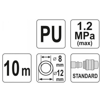 YATO Pneumatikus tömlő (spirál) gyorscsatlakozóval 8,0 x 12 mm x 10 m 1,2 MPa (YT-24208) YATO Pneumatikus tömlő (spirál) gyorscsatlakozóval 8,0 x 12 mm x 10 m 1,2 MPa (YT-24208)