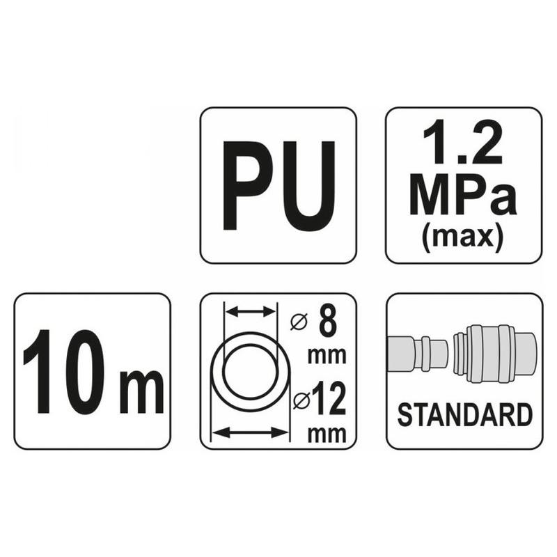YATO Pneumatikus tömlő (spirál) gyorscsatlakozóval 8,0 x 12 mm x 10 m 1,2 MPa (YT-24208)