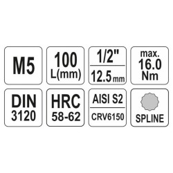 YATO Hosszú bit dugókulcs Spline 1/2' M5 CrV (YT-04350)