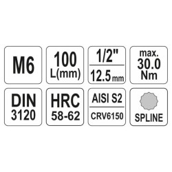 YATO Hosszú bit dugókulcs Spline 1/2' M6 CrV (YT-04351)