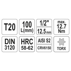 YATO Hosszú bit dugókulcs Torx 1/2' T20 CrV (YT-04320) YATO Hosszú bit dugókulcs Torx 1/2' T20 CrV (YT-04320)