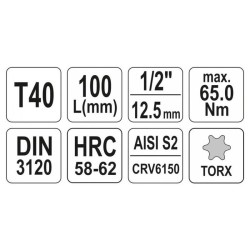 YATO Hosszú bit dugókulcs Torx 1/2' T40 CrV (YT-04324) YATO Hosszú bit dugókulcs Torx 1/2' T40 CrV (YT-04324)