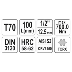 YATO Hosszú bit dugókulcs Torx 1/2' T70 CrV (YT-04329) YATO Hosszú bit dugókulcs Torx 1/2' T70 CrV (YT-04329)