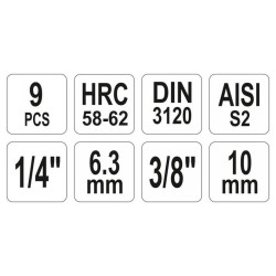 YATO Bit dugókulcs készlet 9 részes Imbusz 1/4', 3/8' CrV (YT-04401)