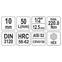 YATO Bit dugókulcs Imbusz 1/2' 10 mm CrV (YT-04385) YATO Bit dugókulcs Imbusz 1/2' 10 mm CrV (YT-04385)
