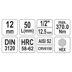 YATO Bit dugókulcs Imbusz 1/2' 12 mm CrV (YT-04386) YATO Bit dugókulcs Imbusz 1/2' 12 mm CrV (YT-04386)