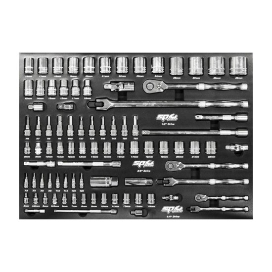 Tálcás SP Tools ''M'' Dugókulcs + rátűzőkulcs készlet1/4''-3/8''-1/2'' 86 db-os