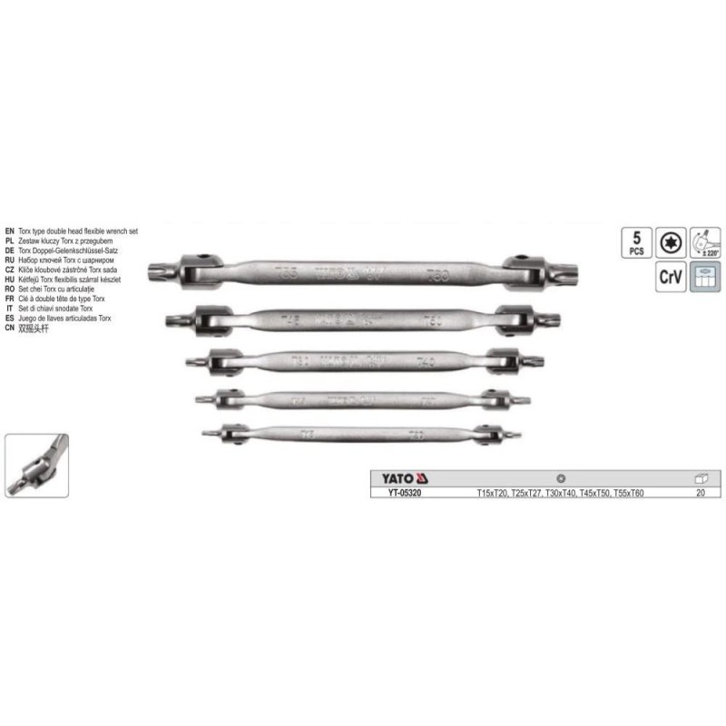 Torx csuklós külső készlet 5 db-os - 10 méret: T15 - T60 - YATO Torx csuklós külső készlet 5 db-os - 10 méret: T15 - T60 - YATO